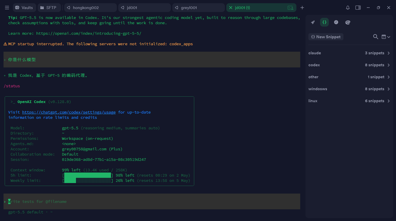Codex gpt-5.5 default 验证截图